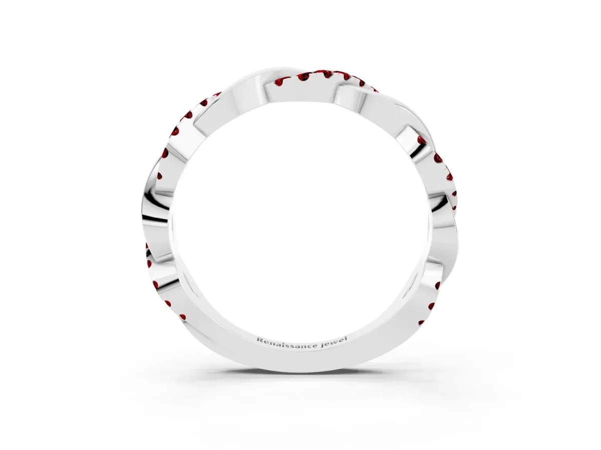 Pavé Round Ruby Twist Eternity Band with Shared Prong Setting Silver