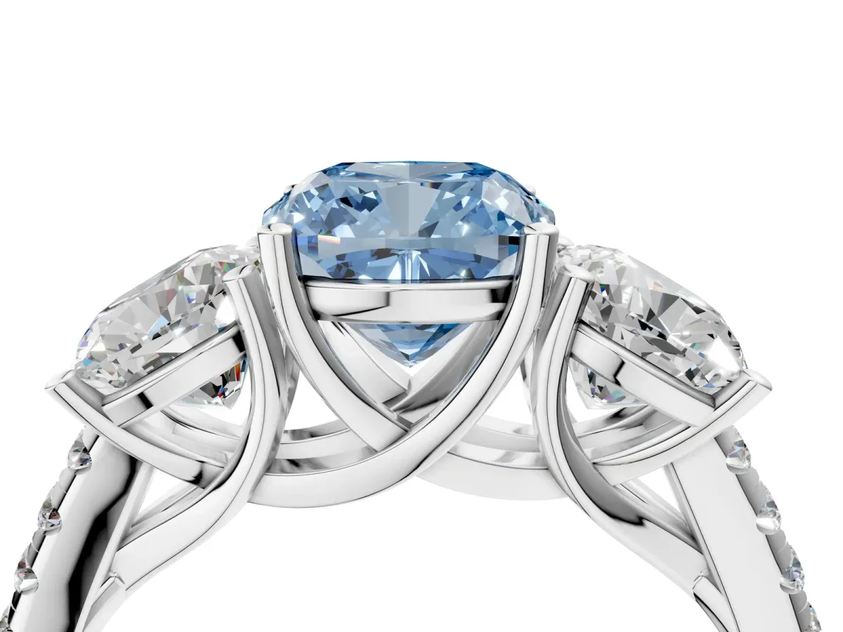 Fancy Blue Three-Stone Cushion Cut Diamond Ring with Round Pavé Band and Prong Setting Silver