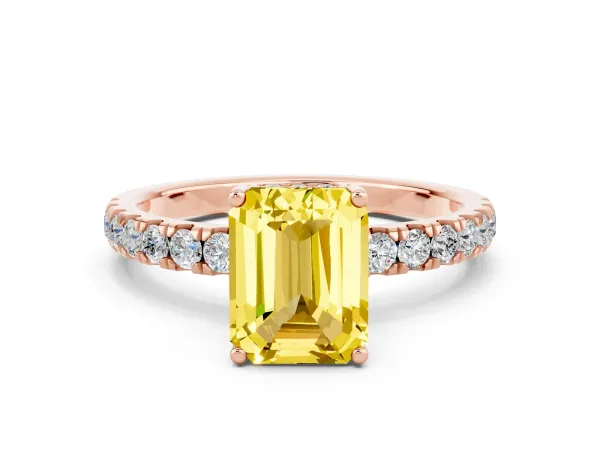 Emerald Cut Yellow Sapphire Pave Band Solitaire Ring with Round and Prong Setting Rose gold