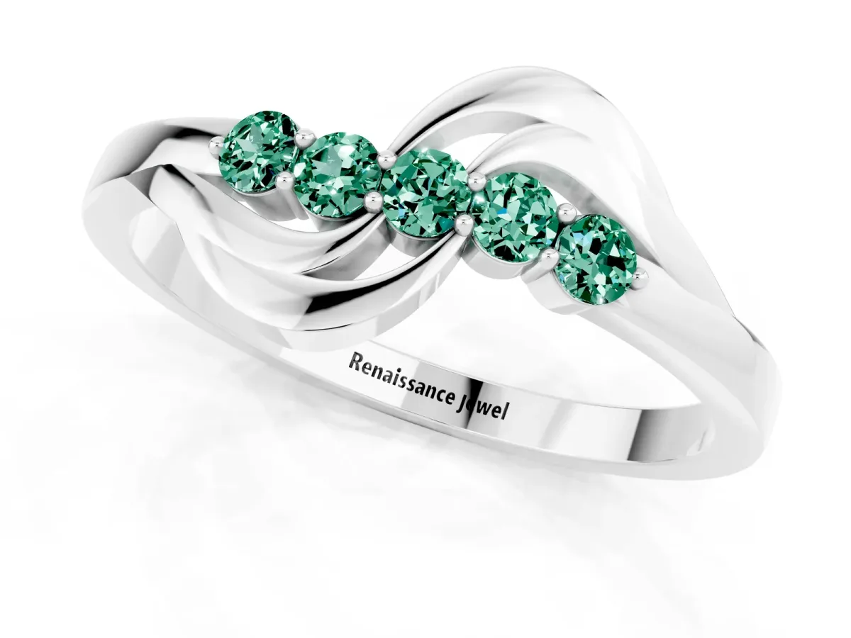 Five-Stone Round Green Sapphire Crossover Band with Prong Setting White gold