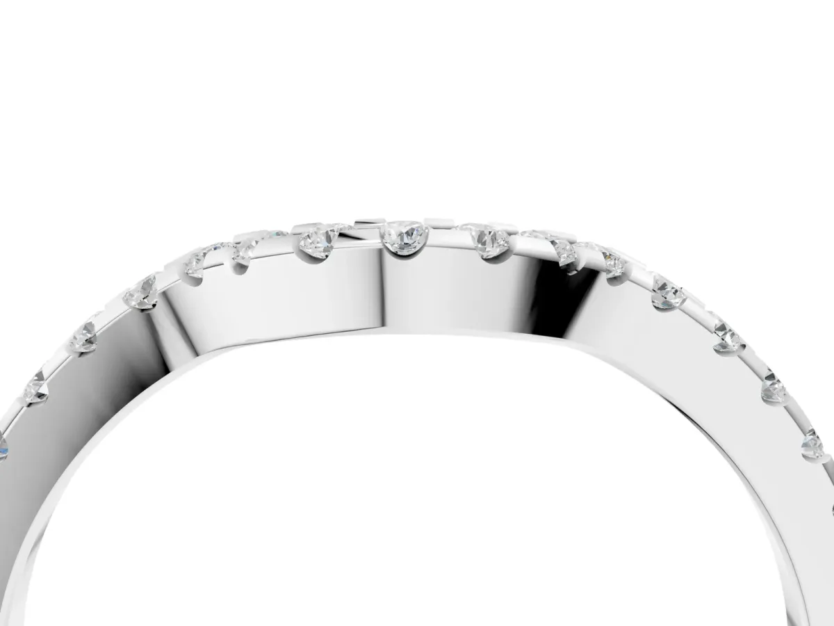Pavé Round Diamond Curved Wedding Band with Shared Prong Setting White gold