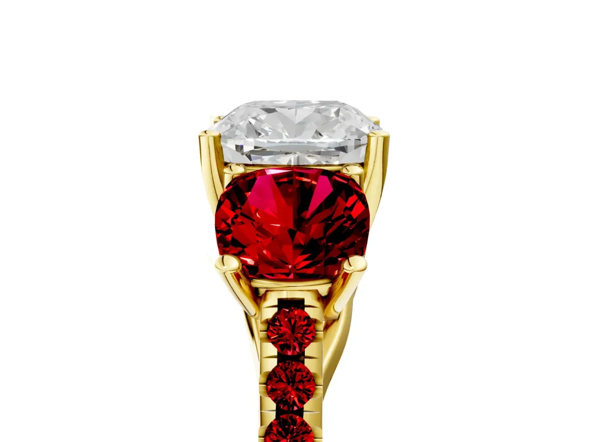 Three-Stone Cushion Cut Diamond Ring with Round Ruby Pavé Band and Prong Setting Yellow gold