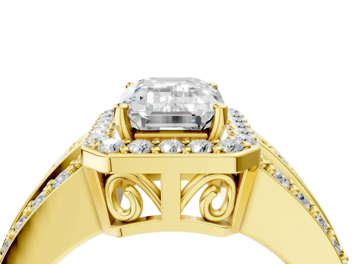 Emerald Cut Halo Diamond Ring with Round Split Shank and Prong Setting Yellow gold