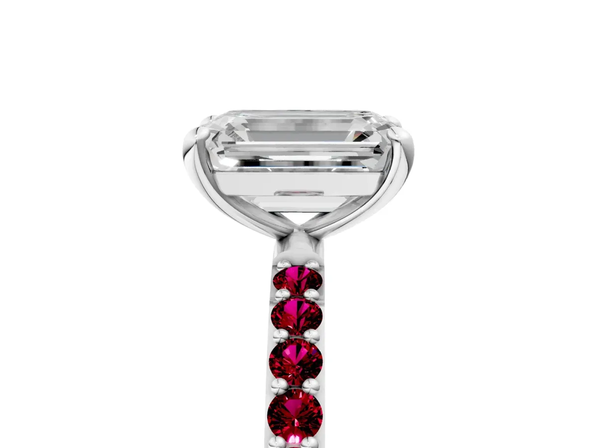 Emerald Cut Diamond Solitaire Ring with Round Garnet Pavé Band and Prong Setting Platinum