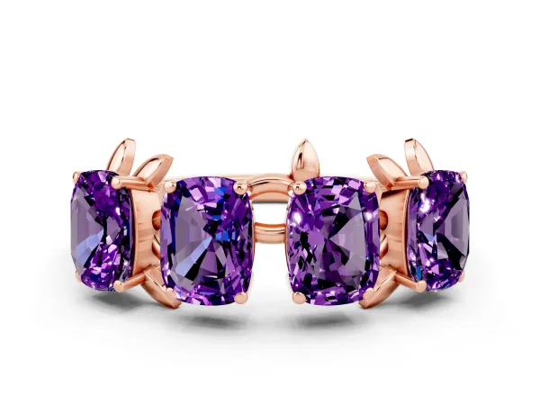 Four-Stone Elongated Cushion Amethyst Band with Nature-Inspired Prong Setting Rose gold