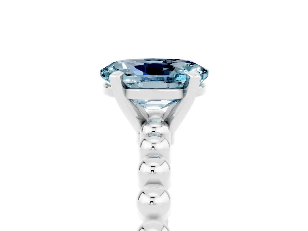 Oval Cut Aquamarine Solitaire Ring with Beaded Band and Prong Setting Platinum