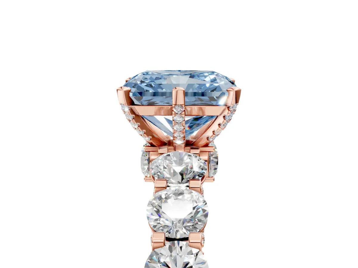 Fancy Blue Radiant Cut Diamond Side Stone Engagement Ring with Four-Prong Setting Rose gold