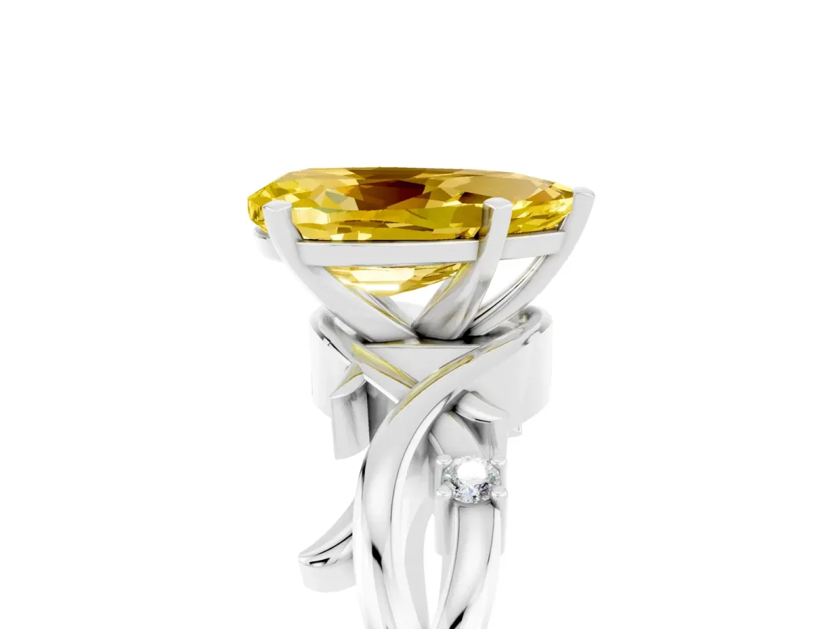 Pear Cut Yellow Sapphire Solitaire Ring with Twisted Band and Prong Setting Platinum