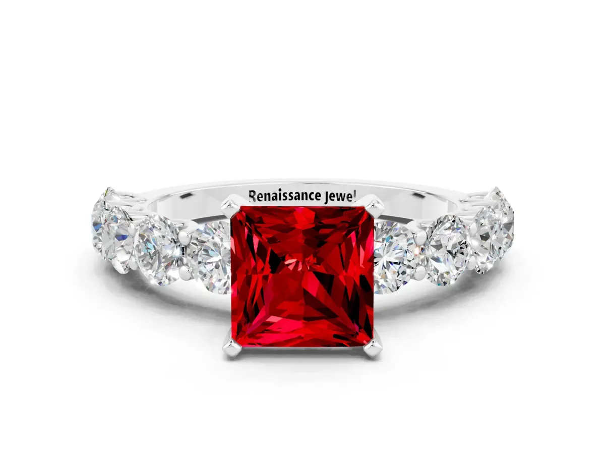 Princess Cut Ruby Prong Setting with Side Stones on a Pave Band Platinum