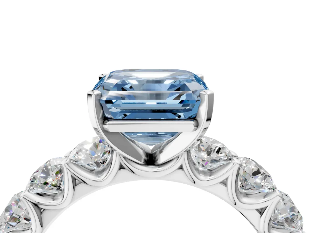 Fancy Blue Asscher Cut Diamond Prong Setting with Side Stones on a Pave Band Silver