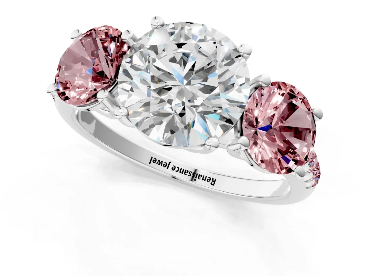 Three-Stone Round Cut Diamond Ring with Round Morganite Pavé Band and Prong Setting Platinum