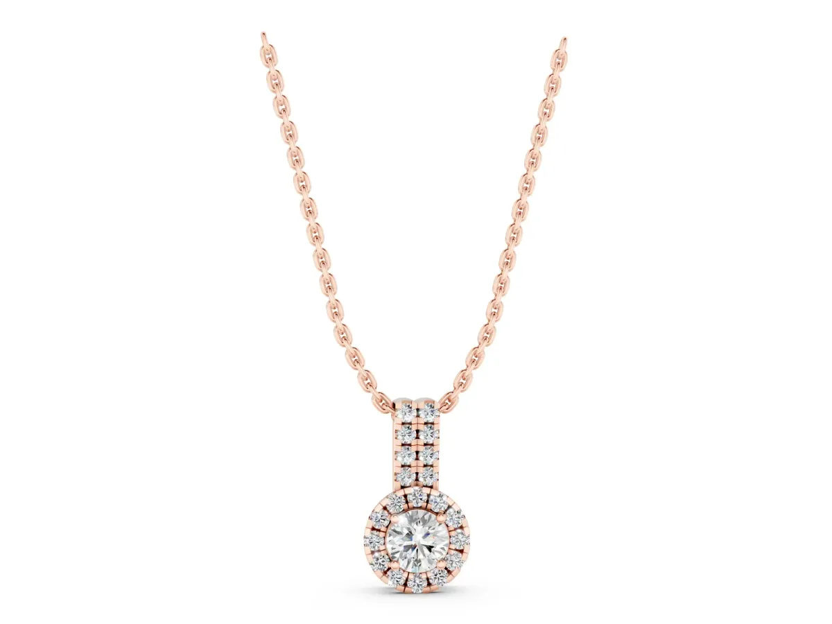 Round Halo Diamond Pendant with Double Prong Setting Rose gold