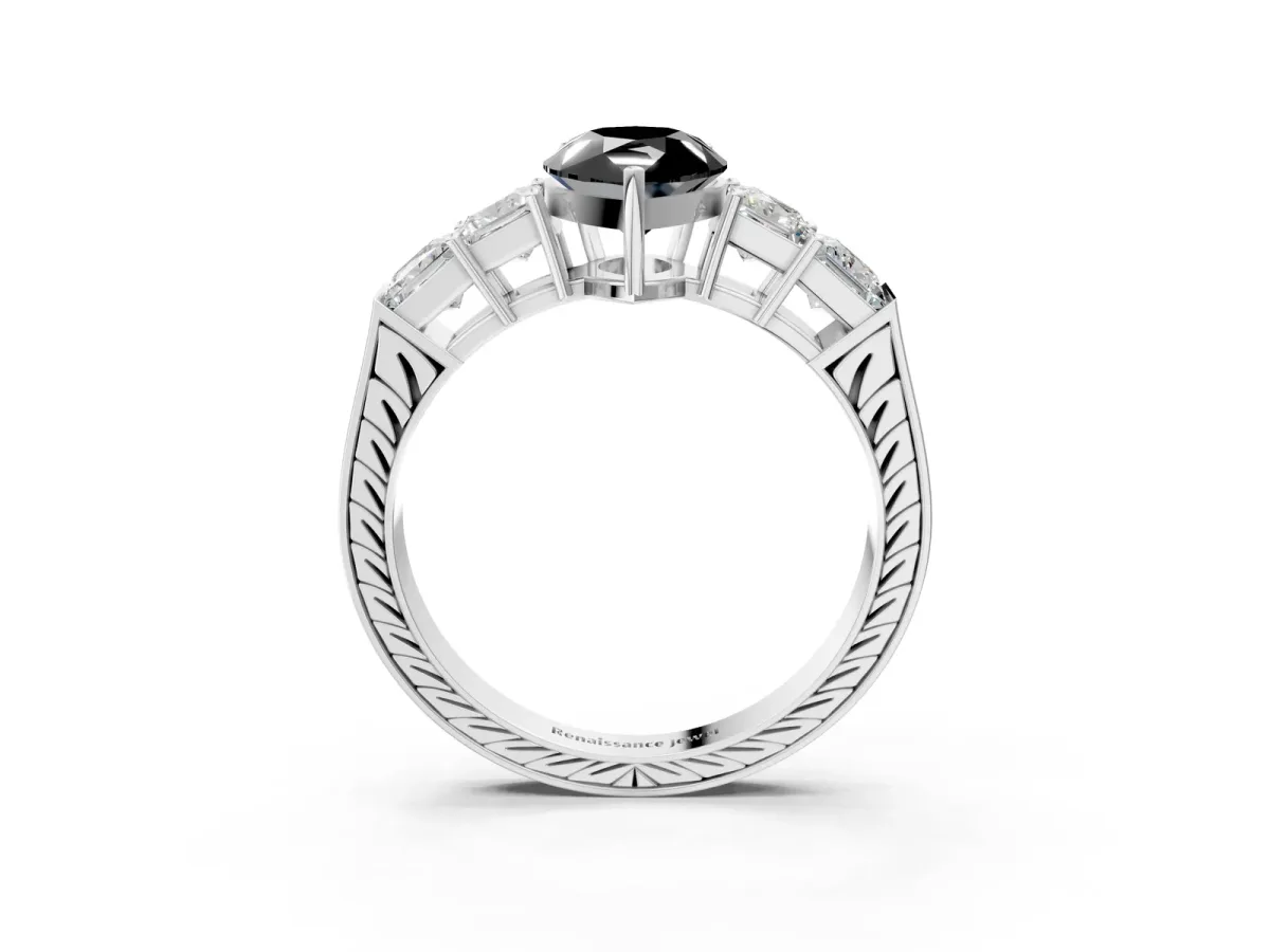 Fancy Black Pear Cut Solitaire Princess Side Stone Engraved Band Prong Setting Ring Platinum