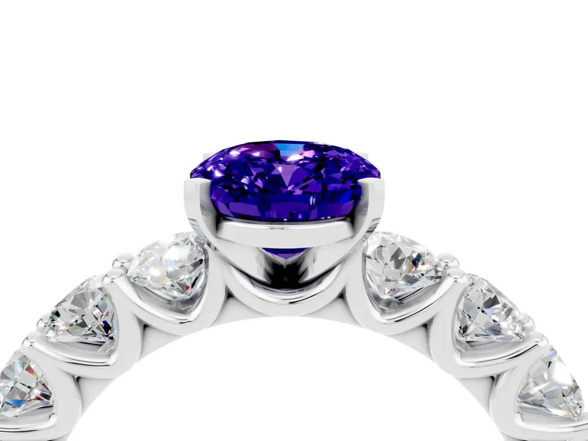 Oval Cut Tanzanite Prong Setting with Side Stones on a Pave Band Silver