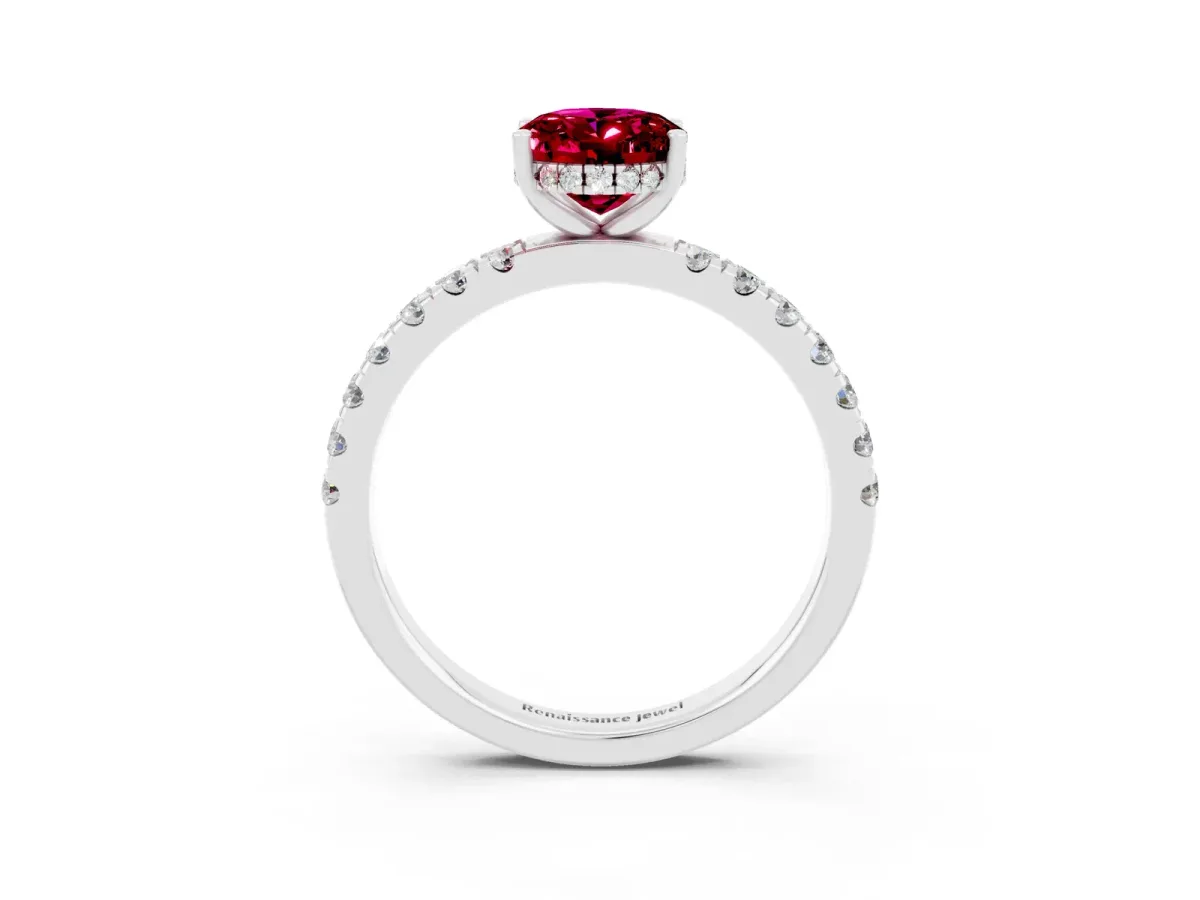 Oval Cut Garnet Pave Band Solitaire Ring with Round and Prong Setting Platinum