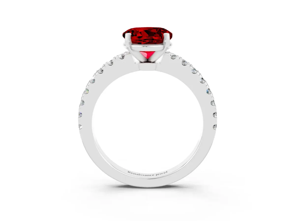 Round Cut Solitaire Ruby with Pavé Band and Four-Prong Setting Silver