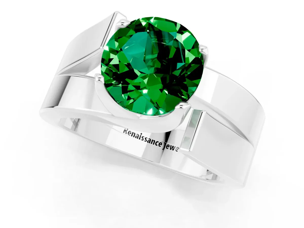 Modern Tension Set Round Cut Emerald Solitaire Wide Band Ring Silver