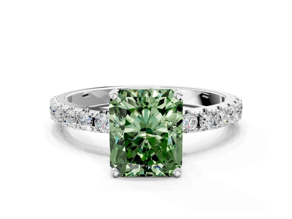 Fancy Green Radiant Cut Diamond Solitaire Pavé Band with Four-Prong Setting Silver