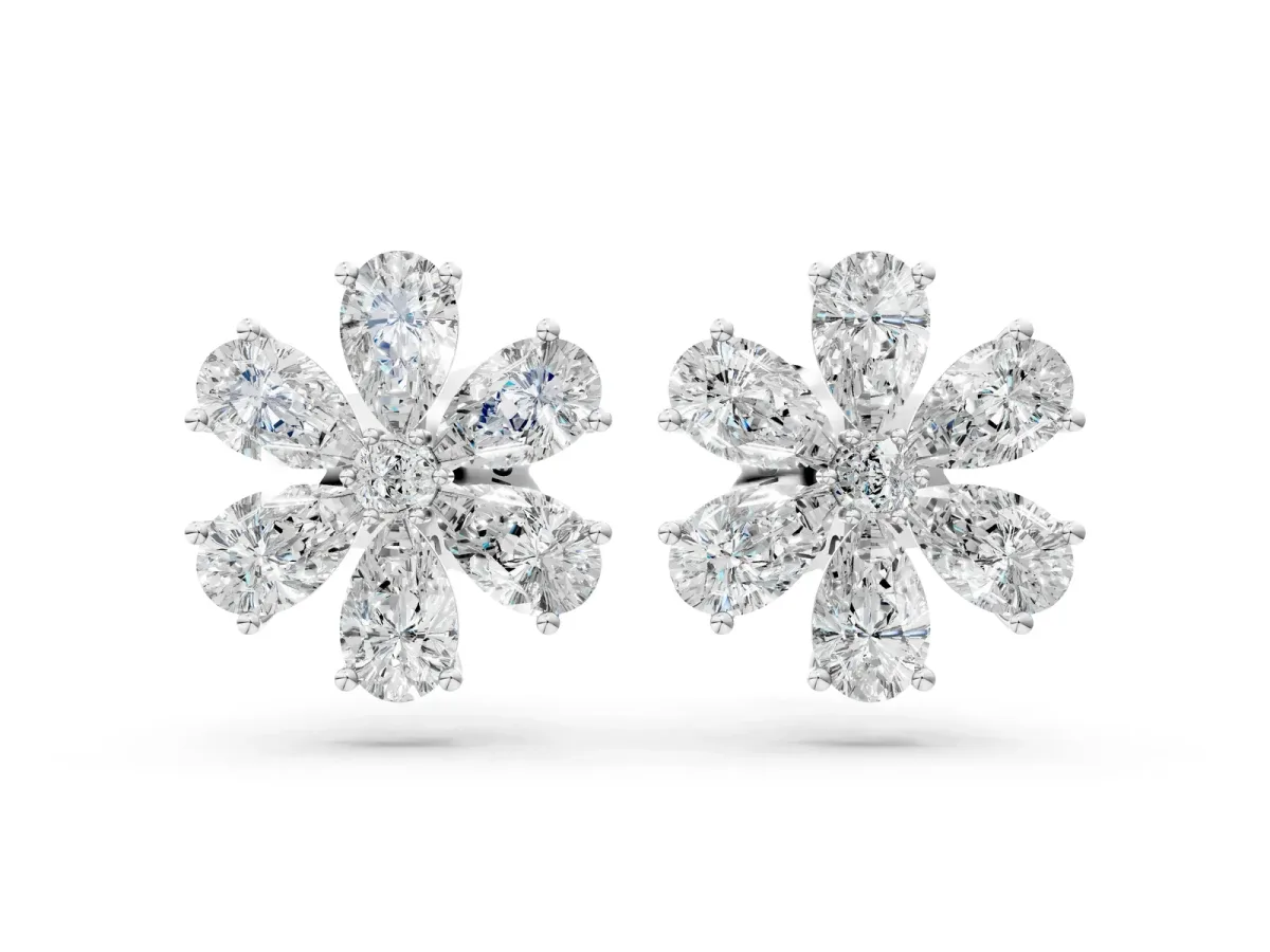 Pear Cut Diamond Floral Cluster Stud Earrings Platinum