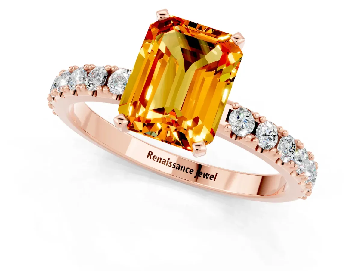 Emerald Cut Citrine Solitaire Pavé Band with Four-Prong Setting Rose gold
