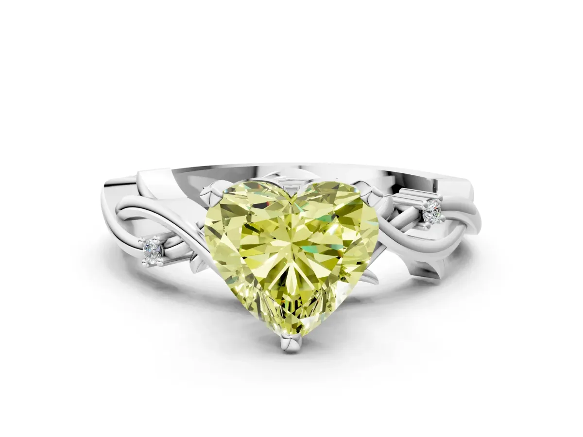 Fancy Yellow Heart Cut Diamond Solitaire Ring with Twisted Band and Prong Setting Silver