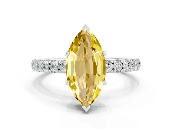 Marquise Cut Yellow Sapphire Pave Band Solitaire Ring with Round and Prong Setting White gold