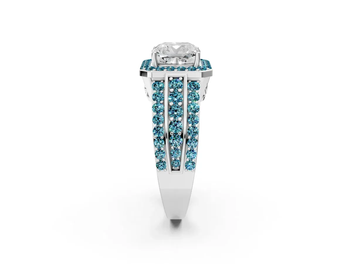 Cushion Cut Halo Diamond Ring with Round Blue Topaz Split Shank and Prong Setting Silver
