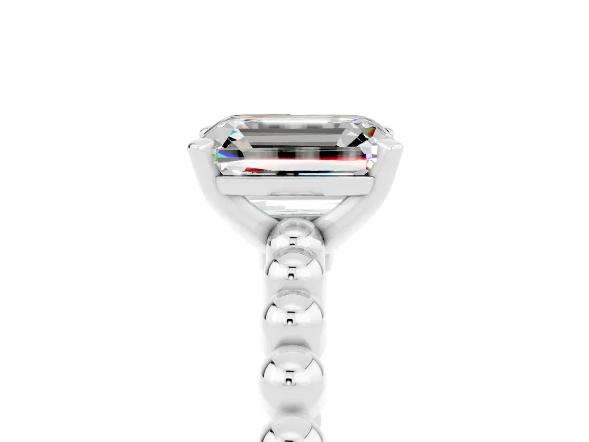 Emerald Cut Moissanite Solitaire Ring with Beaded Band and Prong Setting Platinum