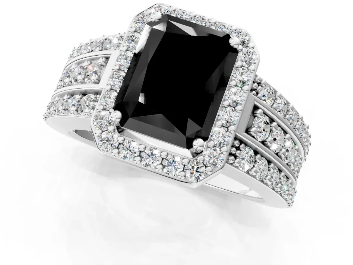 Fancy Black Radiant Cut Halo Diamond Ring with Round Split Shank and Prong Setting Silver