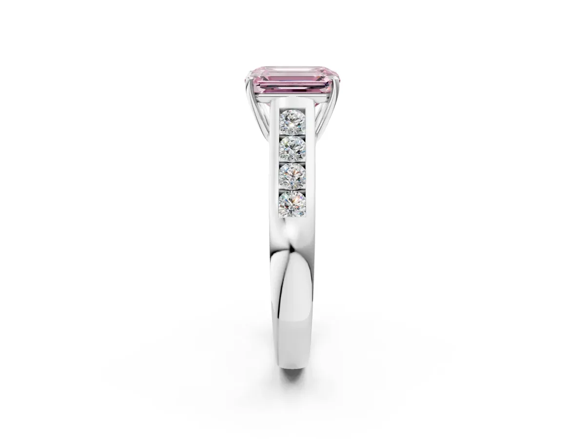 Fancy Pink Emerald Cut Brilliant Channel-Set Solitaire Ring with Four-Prong Setting White gold