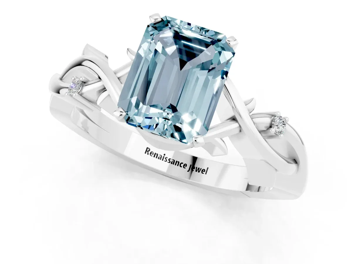 Emerald Cut Aquamarine Solitaire Ring with Twisted Band and Prong Setting Silver