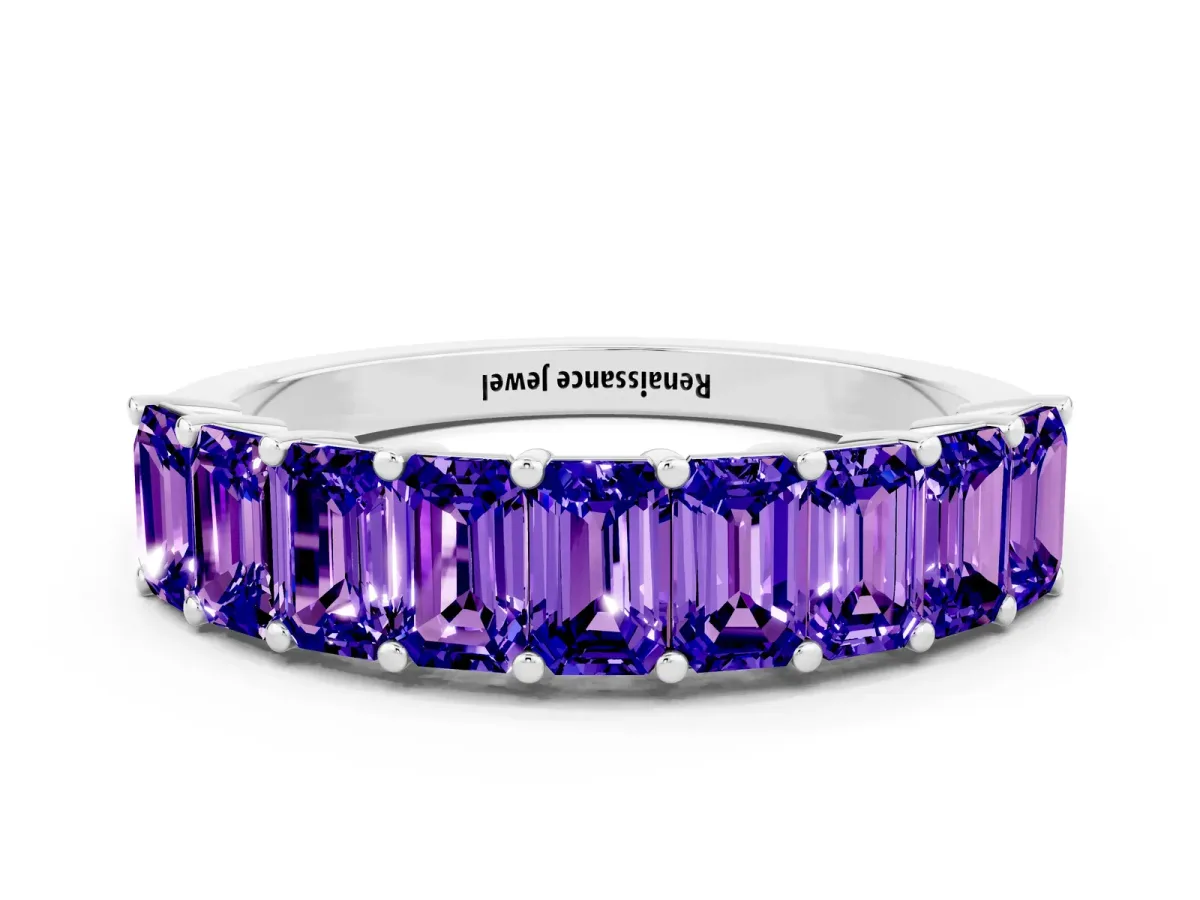 Emerald Cut Tanzanite Prong-Set Eternity Band Silver