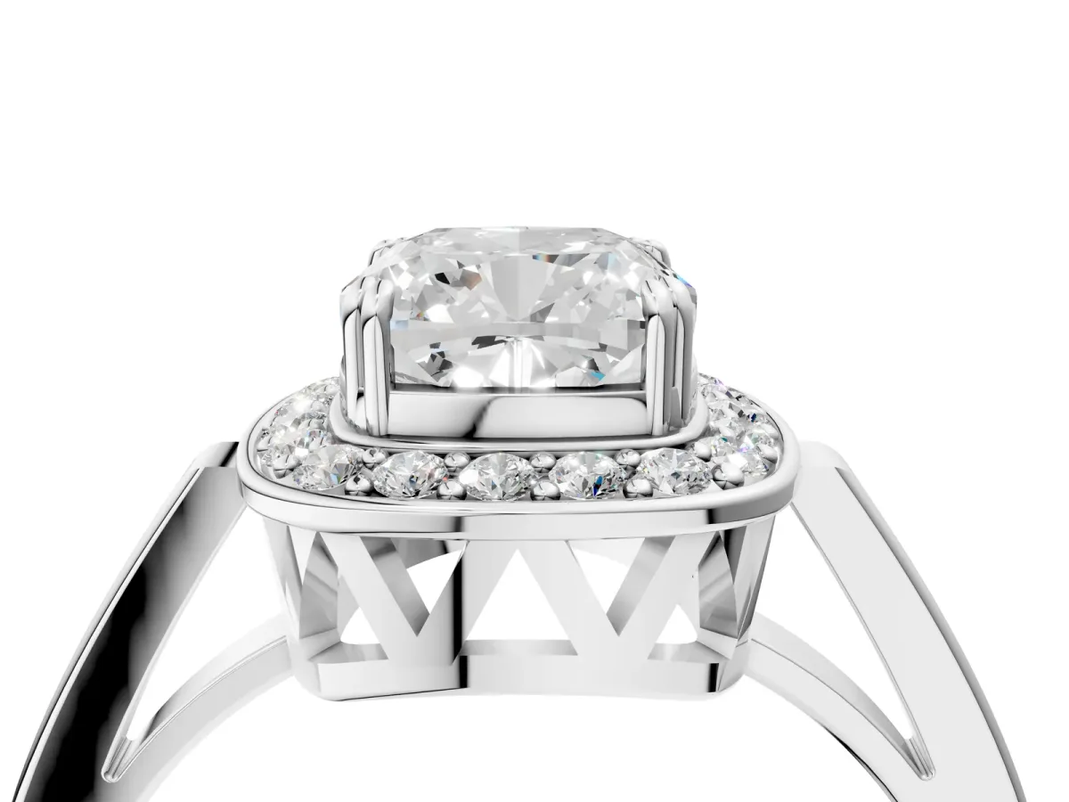 Cushion Cut Diamond Halo Ring with Split Shank and Four-Prong Setting White gold