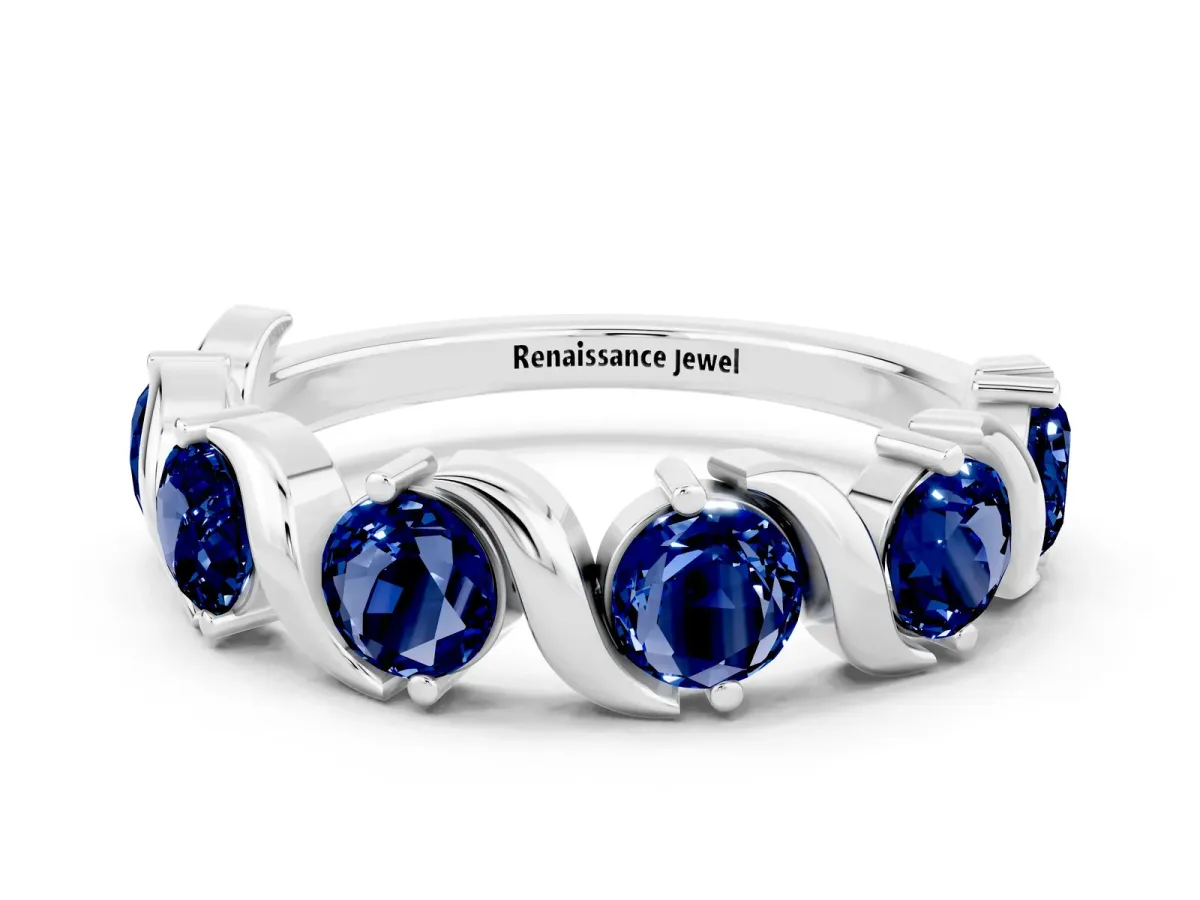 Round Blue Sapphire Half Eternity Band with Wave Prong Setting Silver
