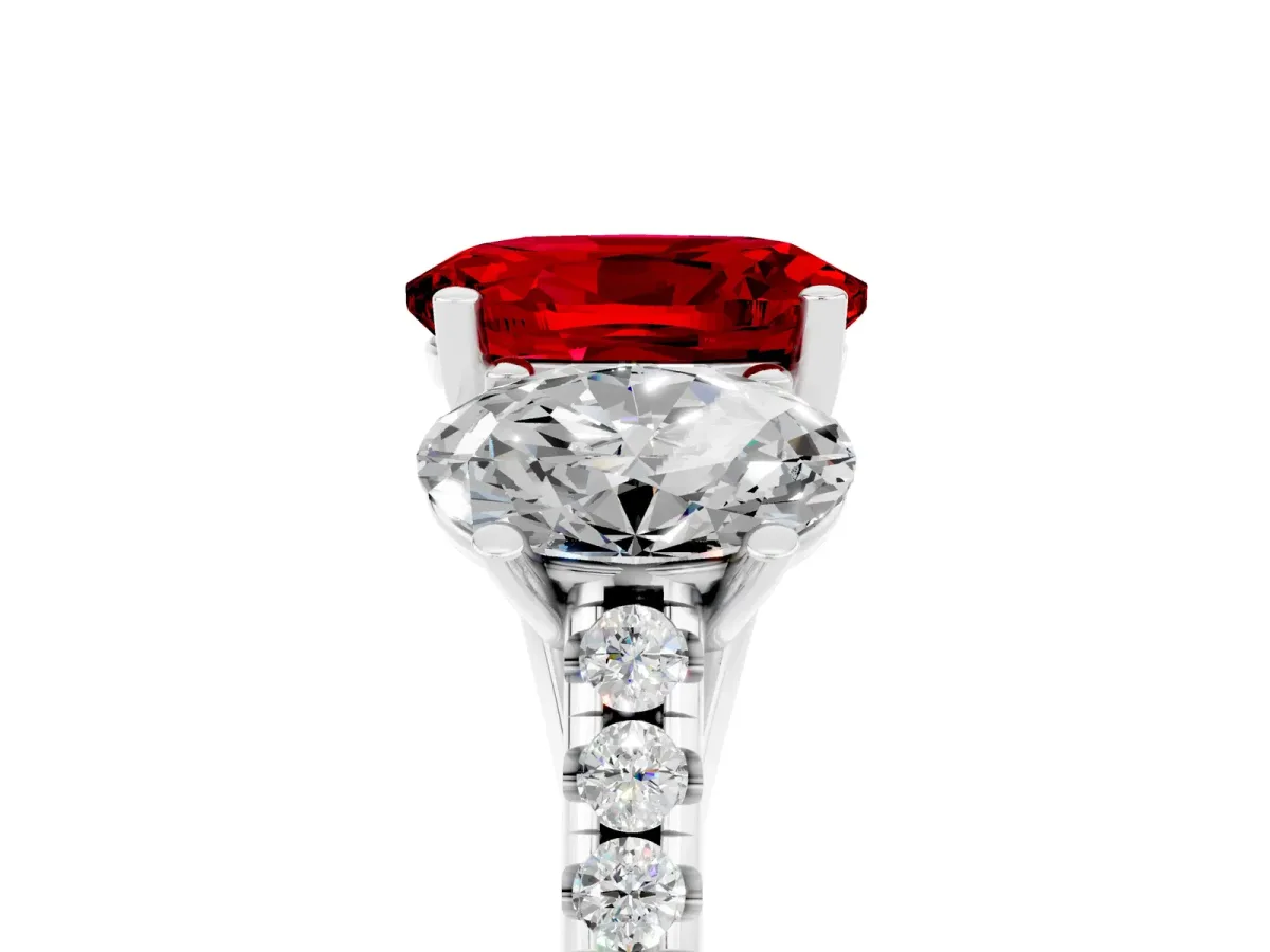 Three-Stone Oval Cut Ruby Ring with Round Pavé Band and Prong Setting Silver