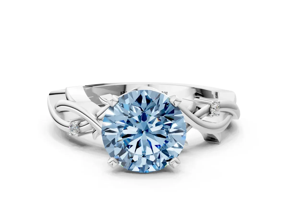 Fancy Blue Round Cut Diamond Solitaire Ring with Twisted Band and Prong Setting Silver