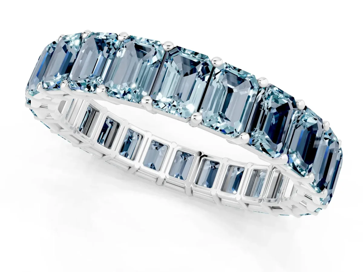 Emerald Cut Aquamarine Eternity Band with Shared Prong Setting Silver