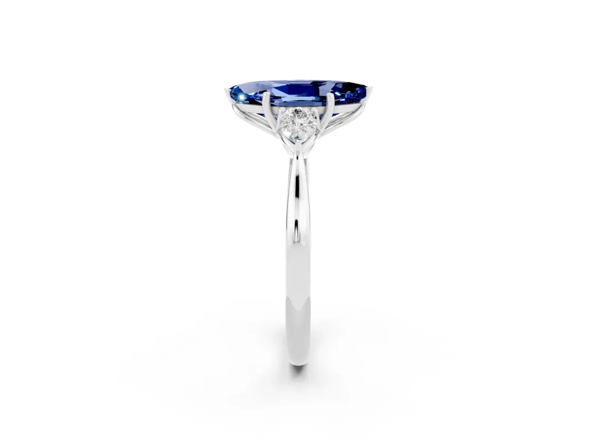 Marquise Cut Blue Sapphire Three-Stone Ring with Pear Side Stones and Prong Setting Silver