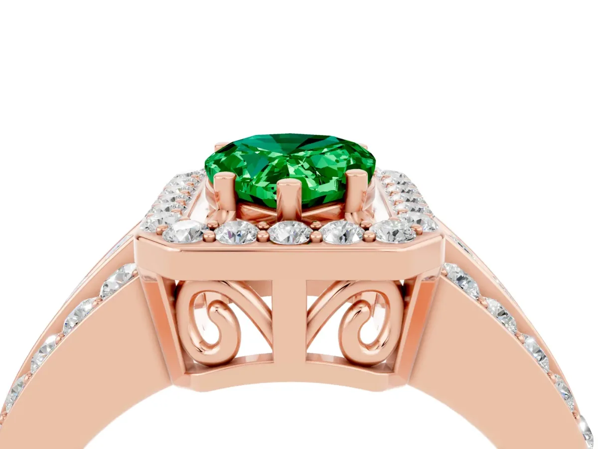 Pear Cut Halo Emerald Ring with Round Split Shank and Prong Setting Rose gold