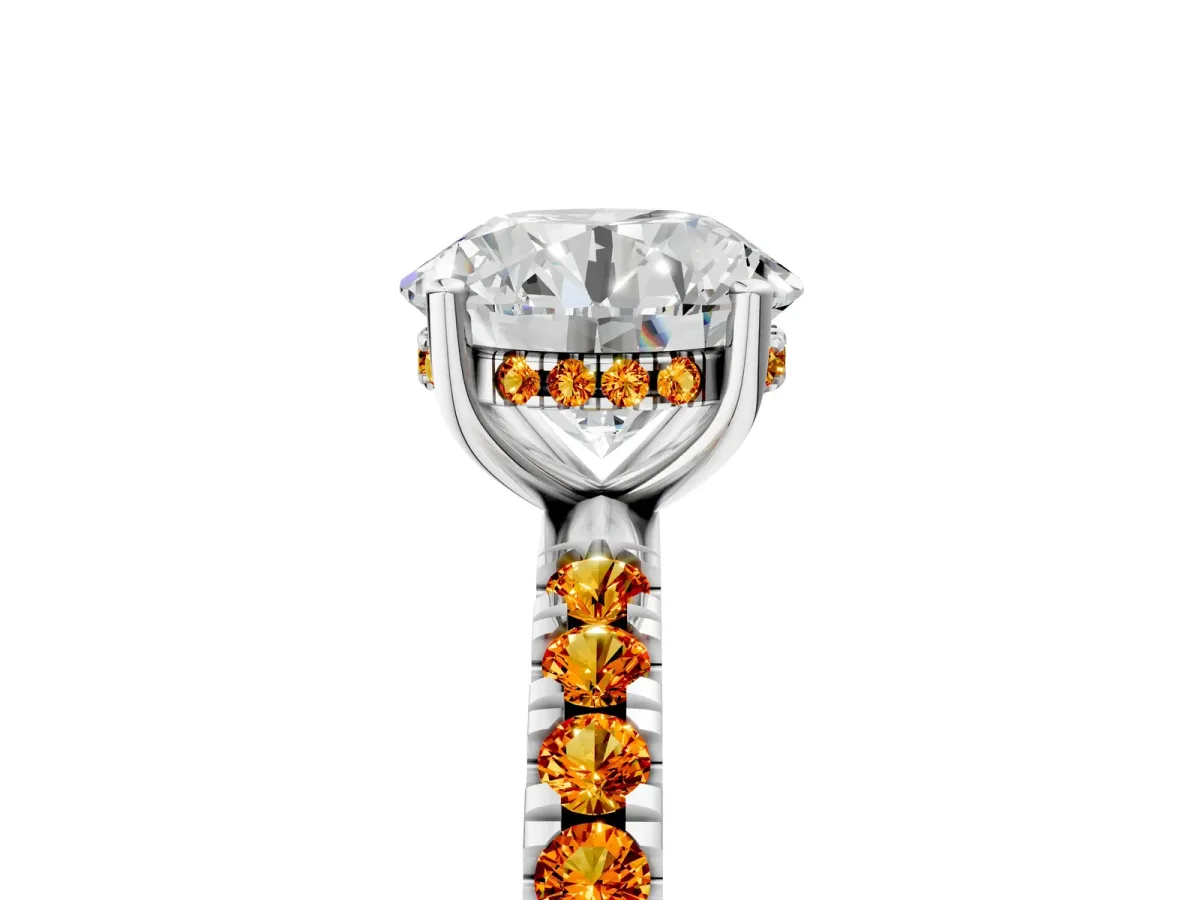 Round Cut Diamond Pave Band Solitaire Ring with Round Citrine and Prong Setting Platinum