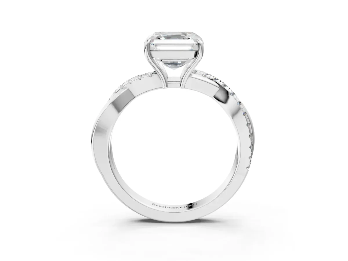 Asscher Cut Cut Diamond Twisted Band with Pavé Setting and Four-Prong Setting Platinum