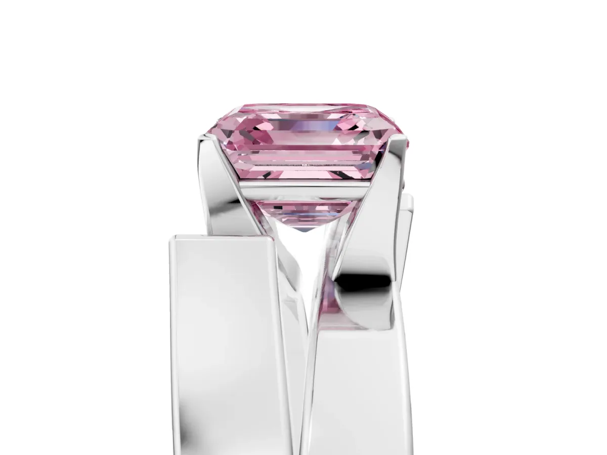 Fancy Pink Modern Tension Set Asscher Cut Diamond Solitaire Wide Band Ring Silver