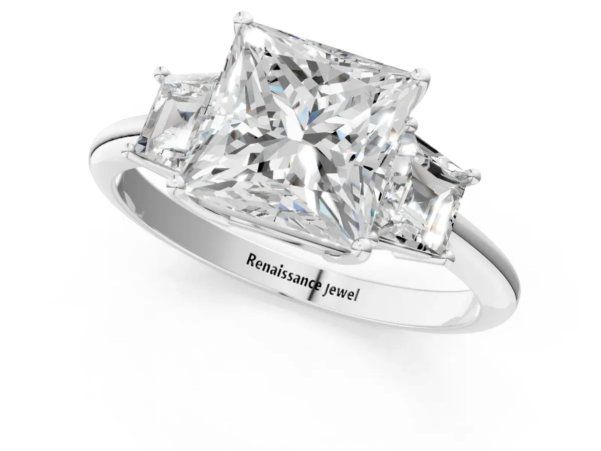Princess Cut Diamond Three-Stone Ring with Trapezoid Side Stones and Prong Setting Platinum