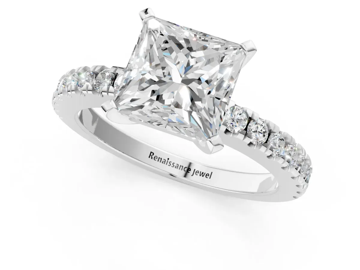 Princess Cut Solitaire Diamond with Pavé Band and Four-Prong Setting Silver