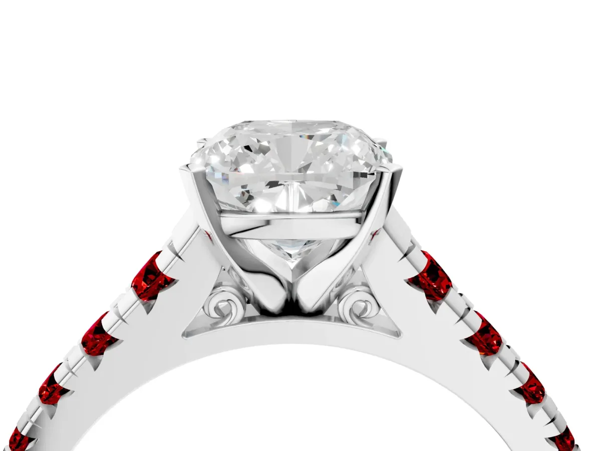 Cushion Cut Diamond Cathedral Solitaire Ring with Round Ruby Pavé Band White gold