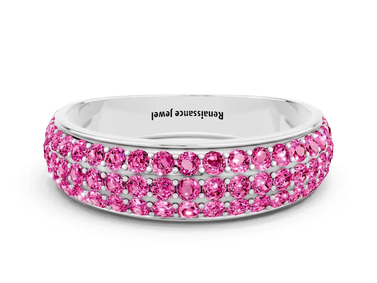 Three-Row Round Pink Sapphire Eternity Band with Shared Prong Setting White gold