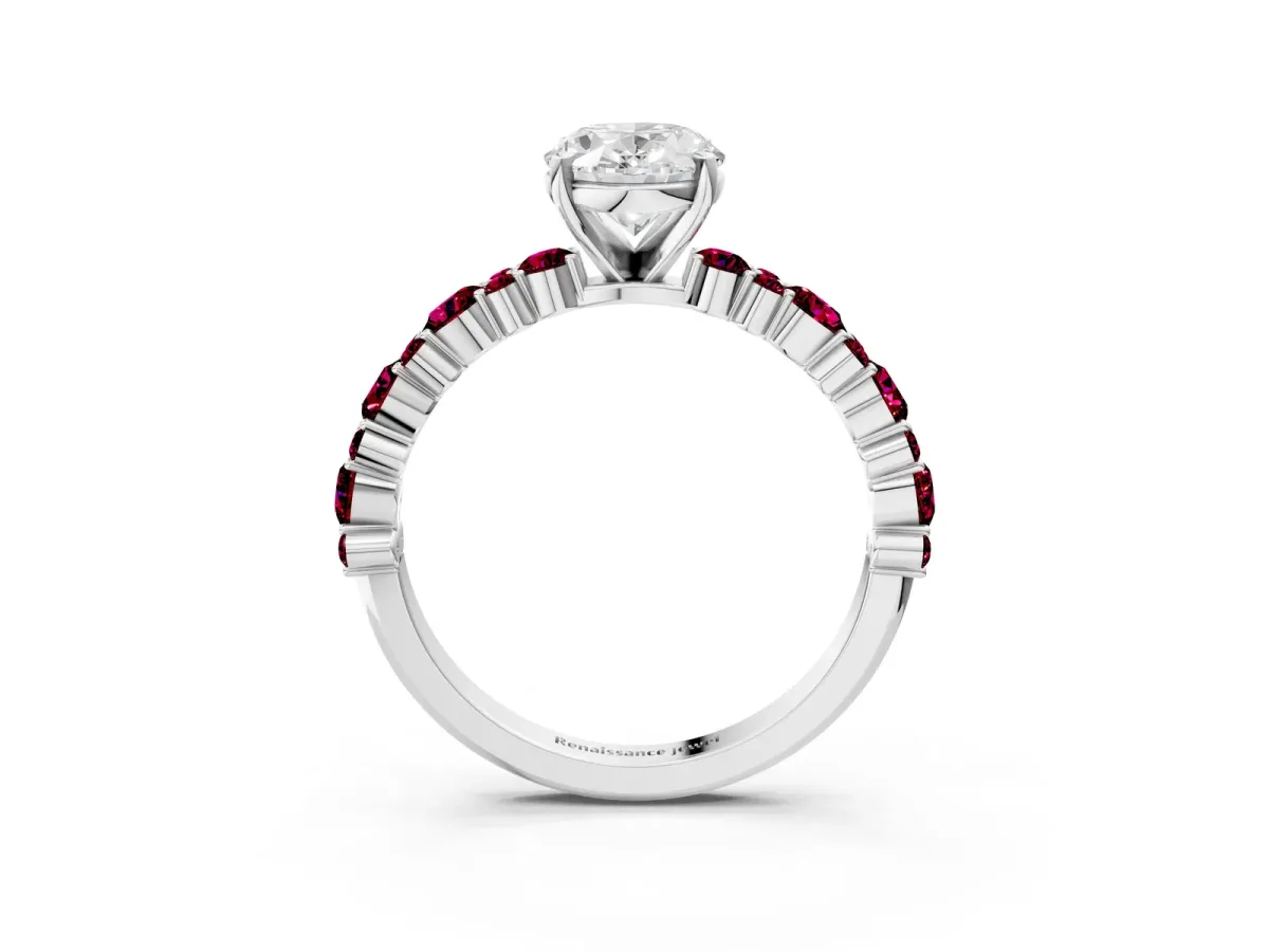 Oval Cut Diamond Side Stone Solitaire Ring with Round Garnet and Four-Prong Setting Silver