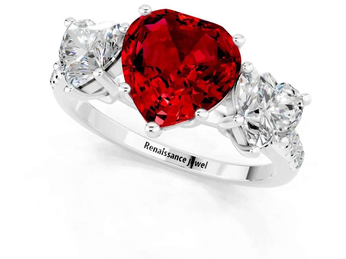 Three-Stone Heart Cut Ruby Ring with Round Pavé Band and Prong Setting White gold