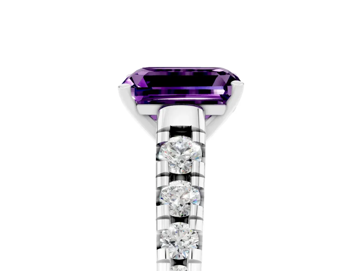 Emerald Cut Amethyst Cathedral Solitaire Ring with Round Pavé Band Platinum