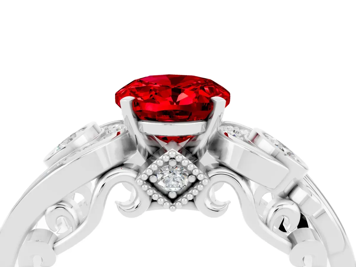 Oval Cut Ruby Solitaire Ring with Milgrain Pavé Band and Four-Prong Setting Platinum